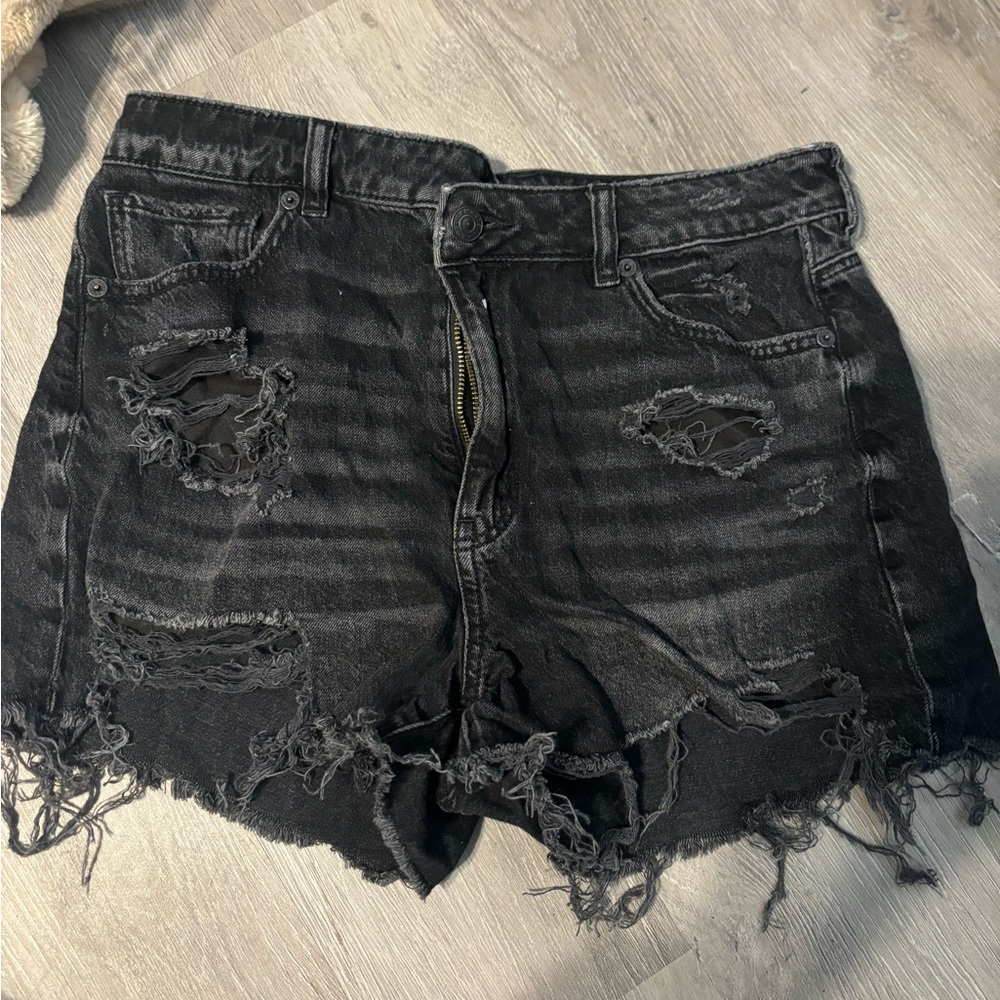 Distressed Black Denim Shorts